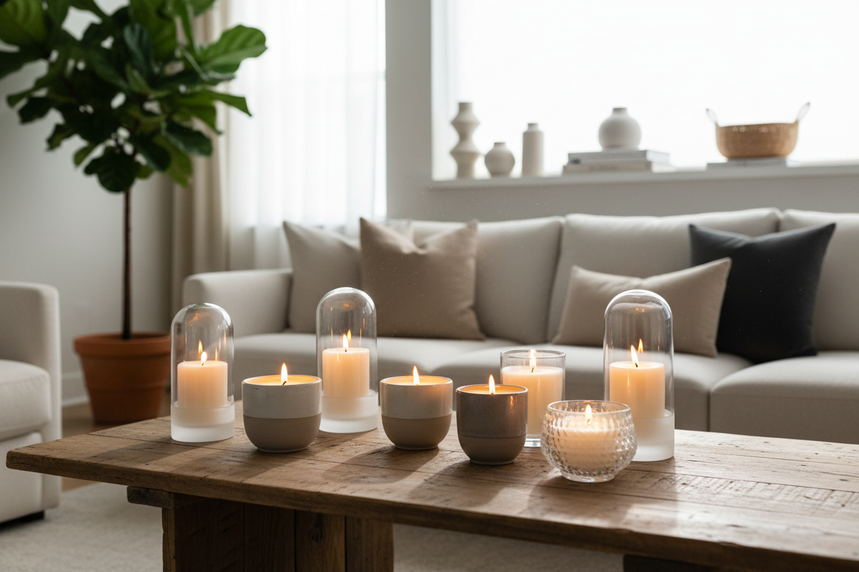 banner showing container candles in an indoor setting