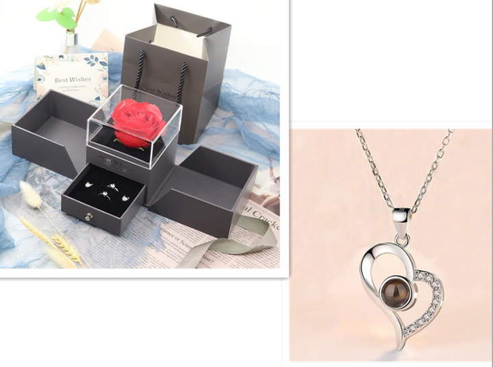 Metal Rose Jewellery Gift Box with Necklace