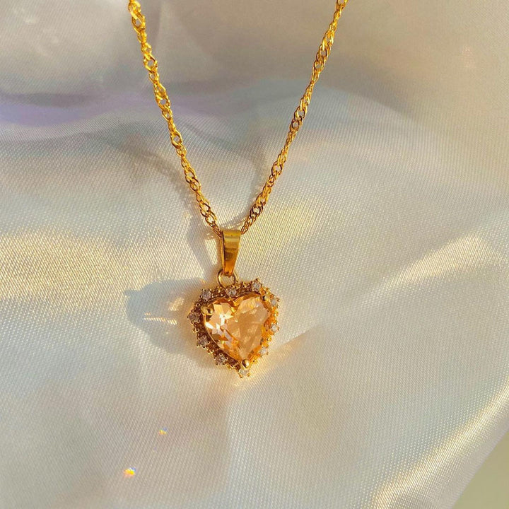 Colourful Rhinestones Heart Necklace With Gold Chain in Honey Peach | Confetti Living