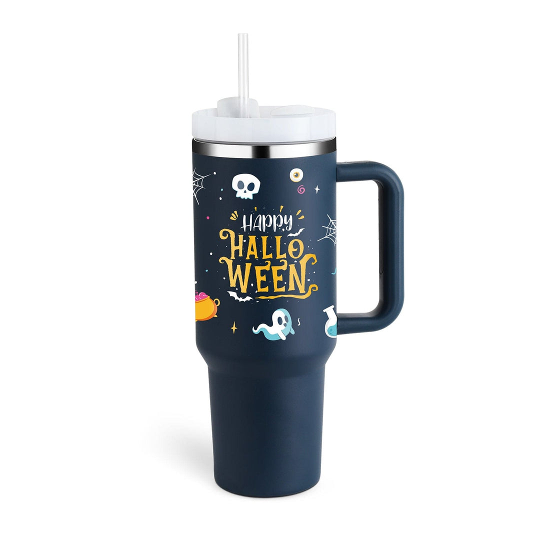 Navy blue tumbler with Halloween-themed design on a white background