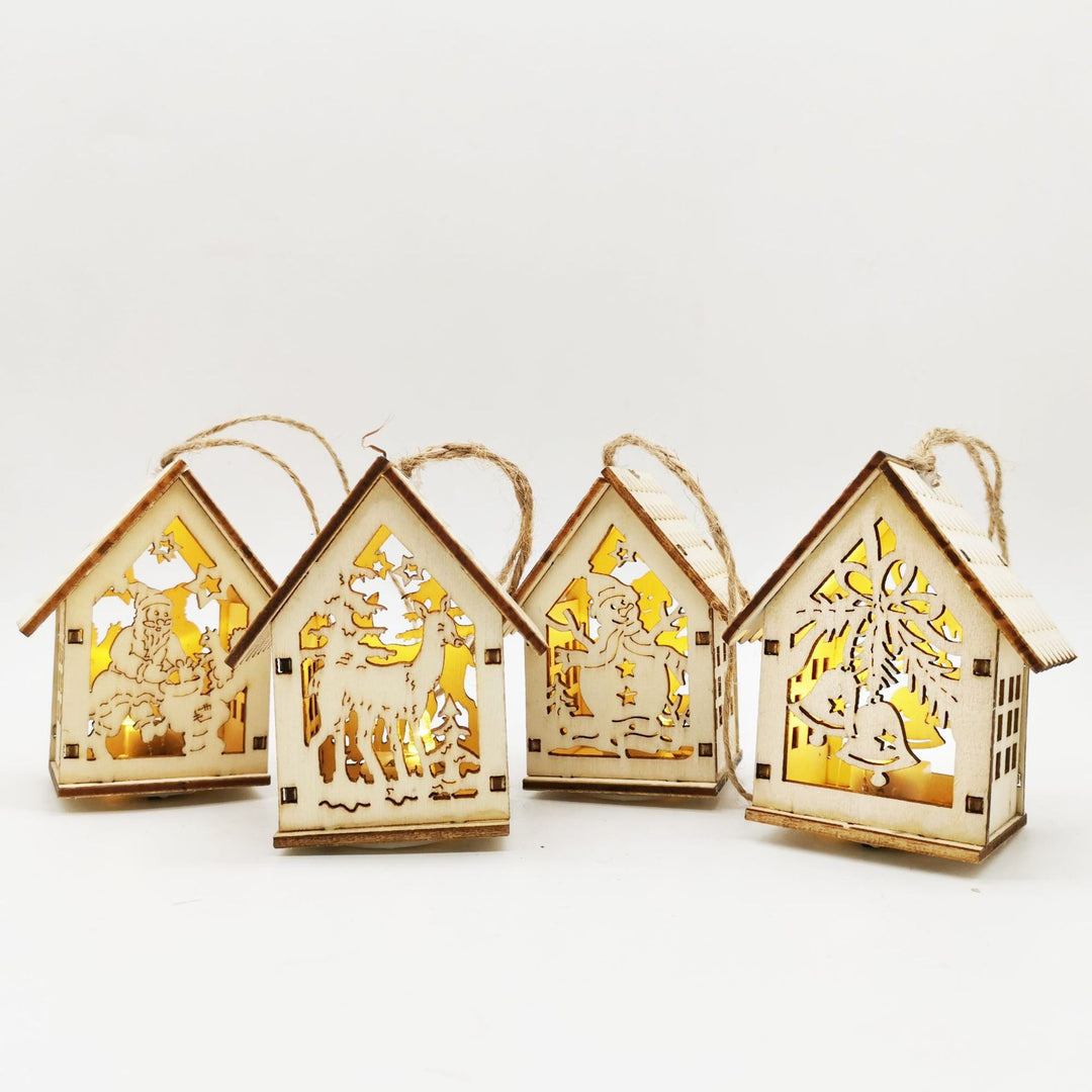 Christmas Decorations Hanging Wooden Small House with Lights showing Set of 4 | Confetti Living