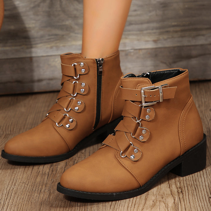 Women's Knight Ankle Boots With Side Zipper And Belt Buckle | Confetti Living