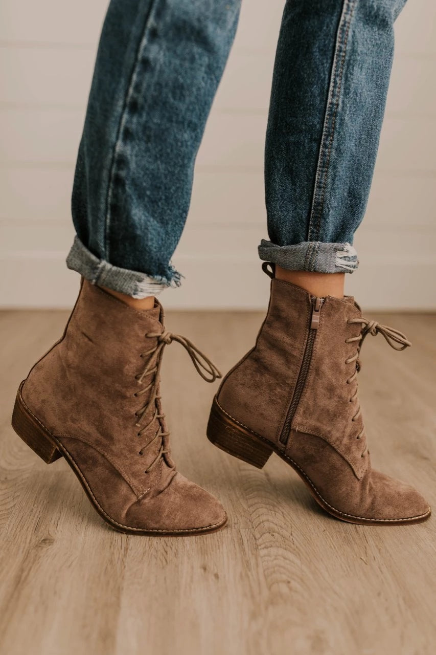 Women's Square Heel Suede Martin Boots in Brown | Confetti Living