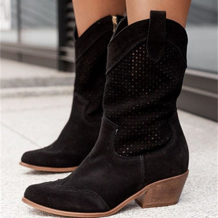 Women's Mid-heel Mesh Suede Boots in Black | Confetti Livng