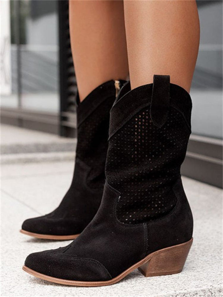 Women's Mid-heel Mesh Suede Boots in Black | Confetti Livng