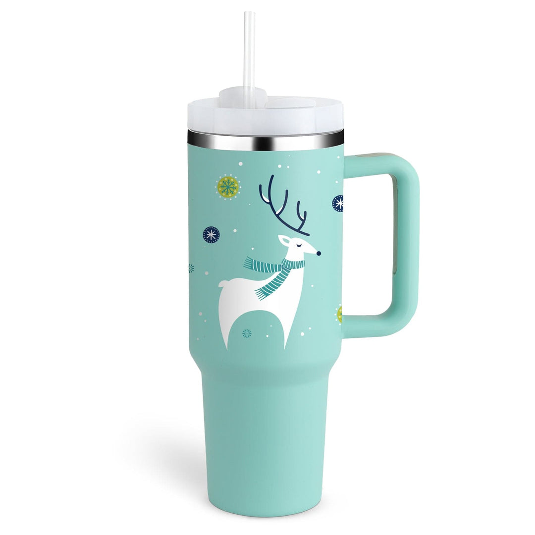 Turquoise tumbler with a reindeer design on a white background