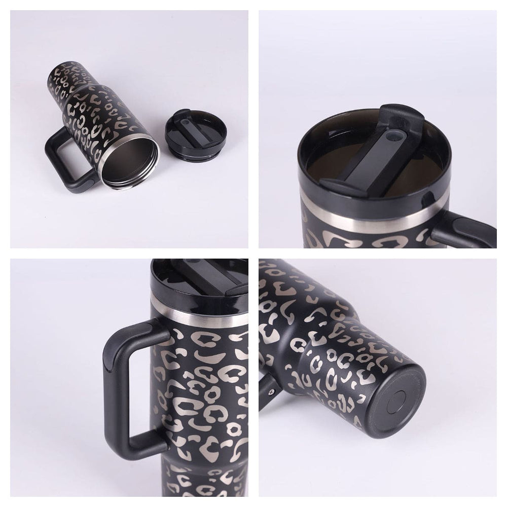 Leopard print travel mug with handle and lid on a white background
