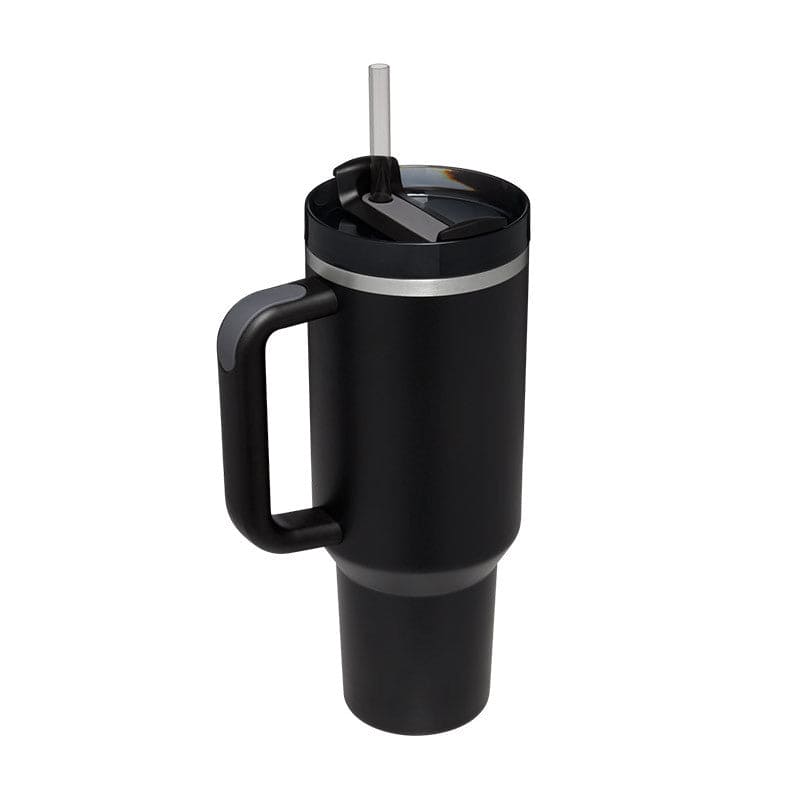 Black insulated mug with handle and straw on a white background