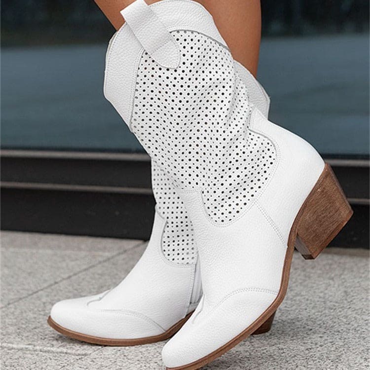 Women's Mid-heel Mesh Suede Boots in White | Confetti Livng