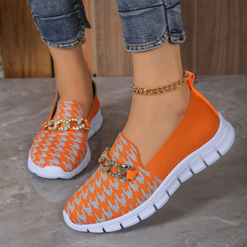 Women's Houndstooth Print Chain Mesh Loafers in Orange Red | Confetti Living