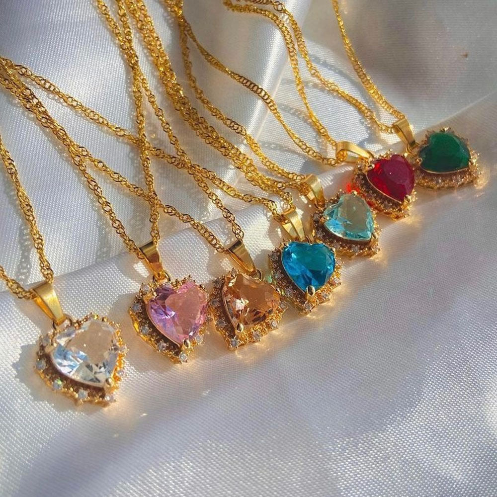 Colourful Rhinestones Heart Necklace With Gold Chain | Confetti Living