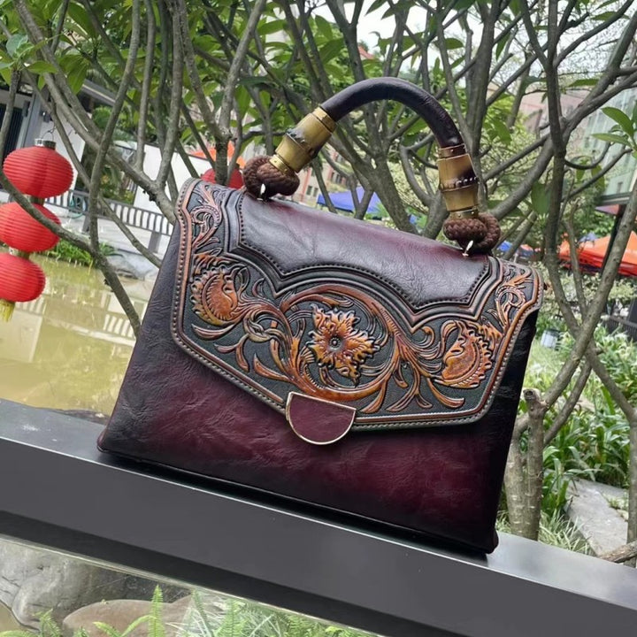 Women's Retro Embossed Handbag in Burgundy| Confetti Living