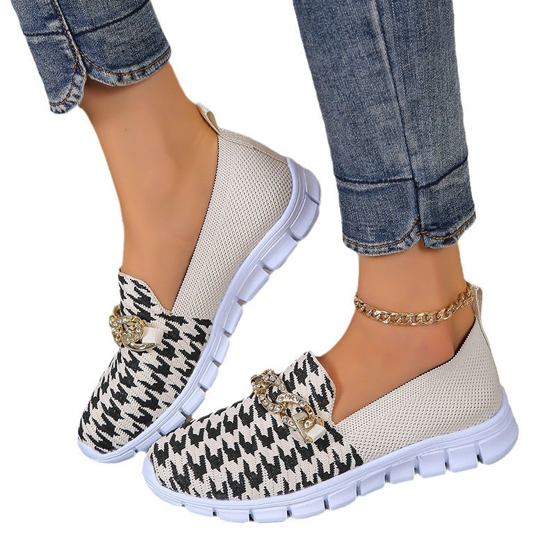 Women's Houndstooth Print Chain Mesh Loafers