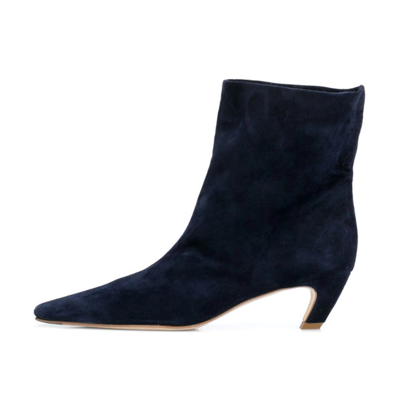 Women's Square Head Chunky Heel Short Boots in Dark Blue | Confetti Living