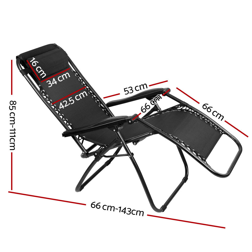 Gardeon Outdoor Portable Recliner in Black showing dimensions | Confetti Living