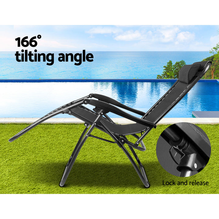 Gardeon Outdoor Portable Recliner in Black showing reclining details | Confetti Living