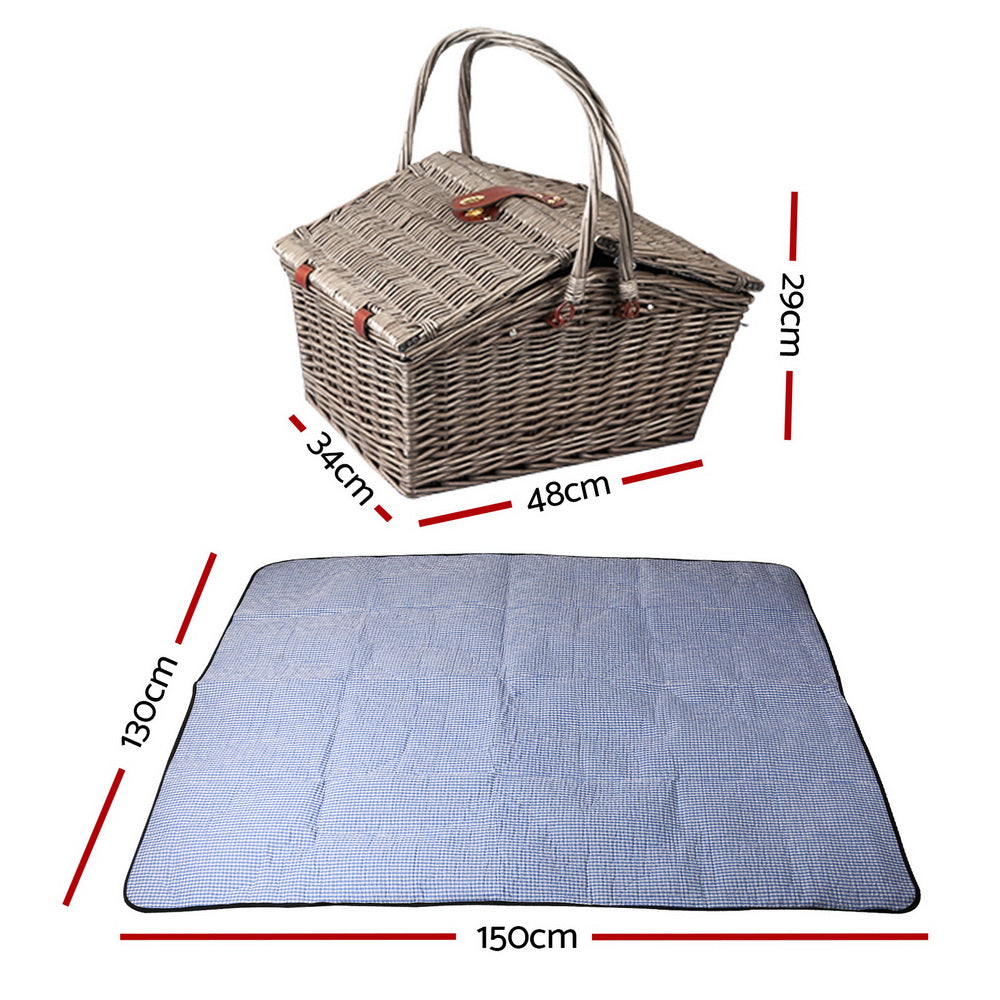 Alfresco 4 Person Deluxe Blue Picnic Basket Set with Insulated Blanket | Confetti Living