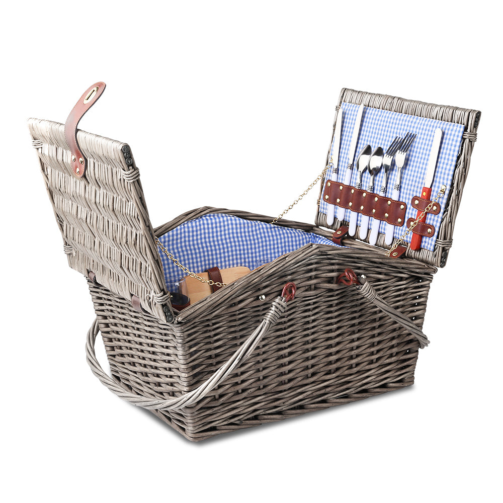 Alfresco 4 Person Deluxe Blue Picnic Basket Set with Insulated Blanket | Confetti Living