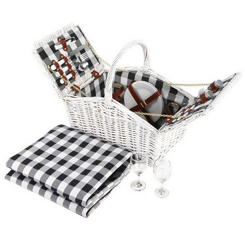 Alfresco 2 Person White Vintage Picnic Basket with Insulated Blanket | Confetti Living