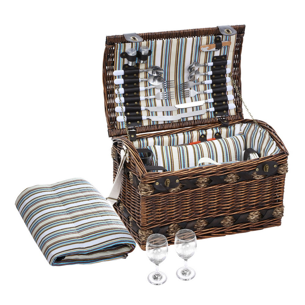 Alfresco 4 Person Vintage Wicker Picnic Basket Set with Insulated Blanket | Confetti Living