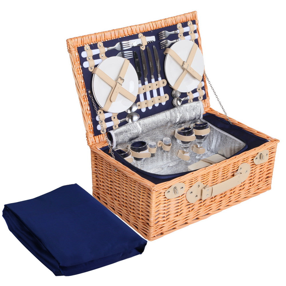 Alfresco 4 Person Wicker Picnic Basket Set with Insulated Navy Blanket | Confetti Living