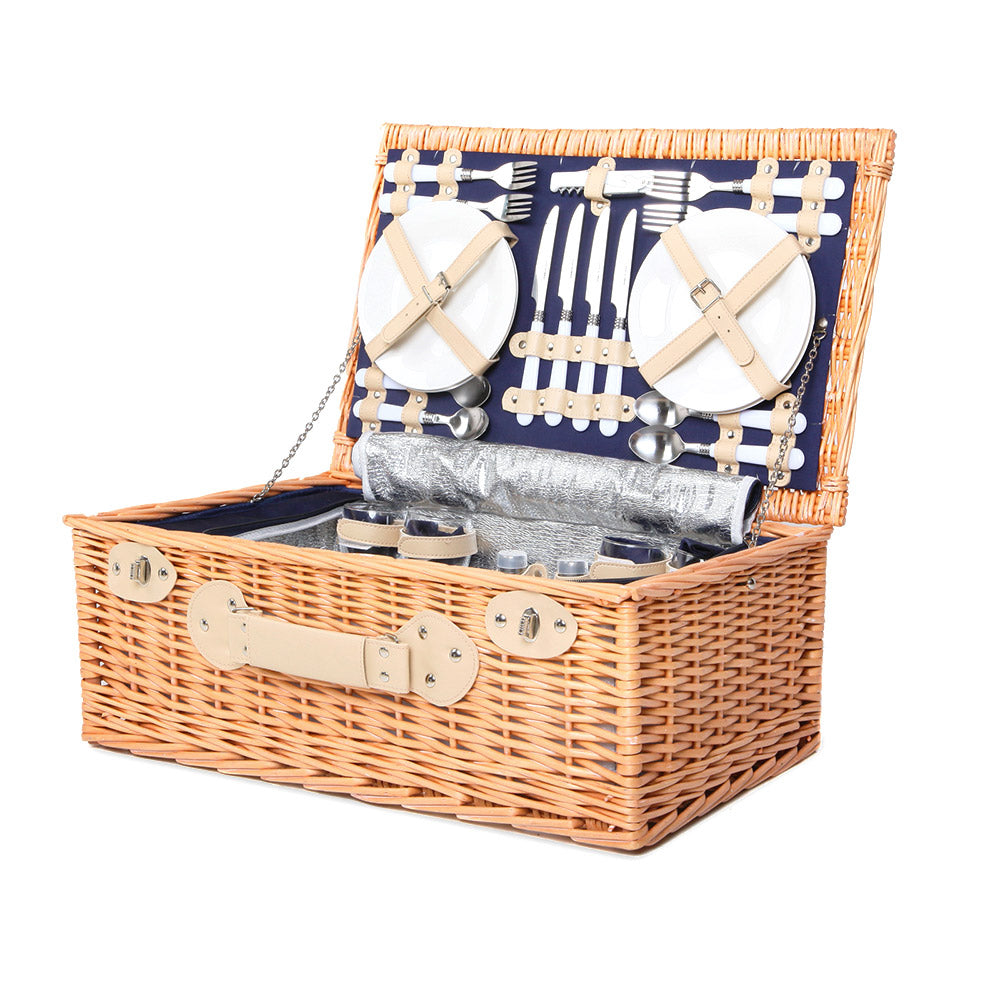 Alfresco 4 Person Wicker Picnic Basket Set with Insulated Navy Blanket | Confetti Living
