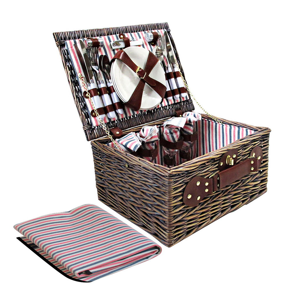 Alfresco 4 Person Brown Deluxe Picnic Basket Set with Blanket | Confetti Living