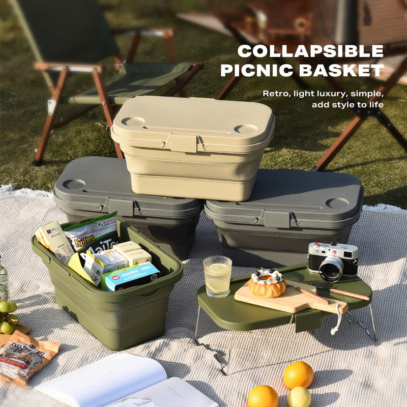 Picnic Basket Khaki - 2 in 1 Portable, Folding with Lid | Confetti Living