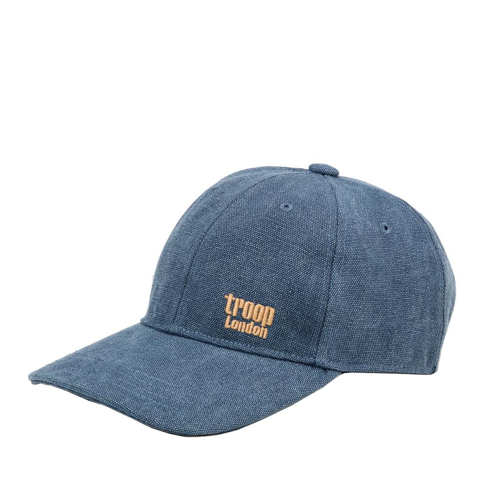 Handcrafted Arizona baseball cap with troop london signature premium quality blue canvas and detailed with an embroidered logo. Ideal for outdoor activities such as sport, hiking, travelling and more. Front facing orientation.