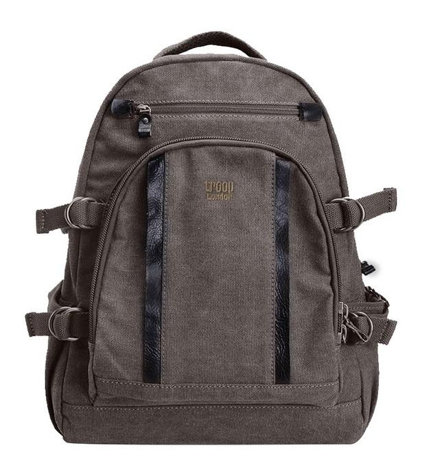 Classic brown large backpack is an ideal large laptop backpack with padded shoulder straps and back panel which will help to protect you from the weight. Made with super strong canvas and metal zips for security. Front facing orientation.