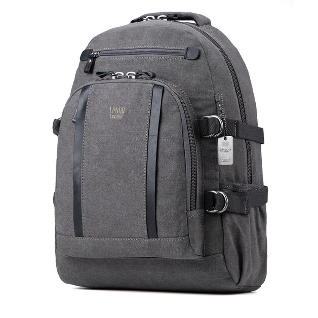 Classic brown large backpack is an ideal large laptop backpack with padded shoulder straps and back panel which will help to protect you from the weight. Made with super strong canvas and metal zips for security. Angled orientation.