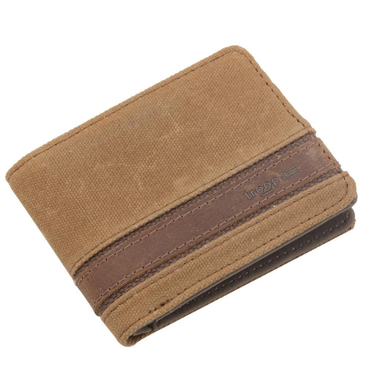 The Colorado camel wallet from Troop London is a bi-fold wallet featuring an embossed leather stripe, a branded fully-lined interior, multiple card slots and a photo ID window. Choose from 4 color options with a nice gift box packaging which is ideal for gift giving. Front facing orientation.