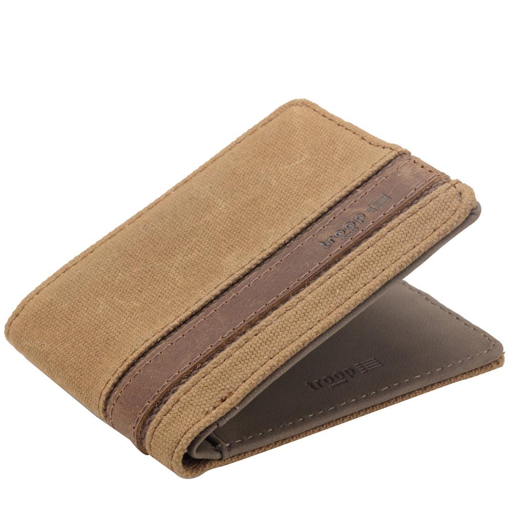 The Colorado camel wallet from Troop London is a bi-fold wallet featuring an embossed leather stripe, a branded fully-lined interior, multiple card slots and a photo ID window. Choose from 4 color options with a nice gift box packaging which is ideal for gift giving. Open fold orientation.